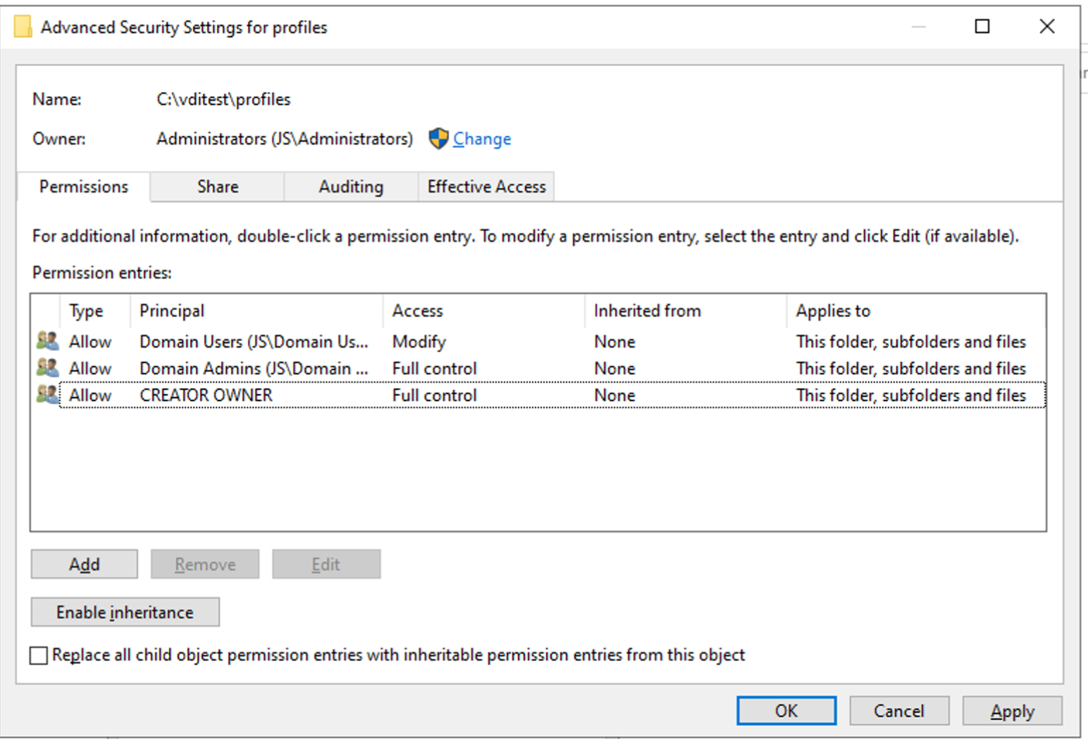 Final profiles folder ACL
