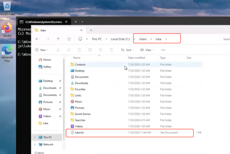 Windows user profile folder with test file